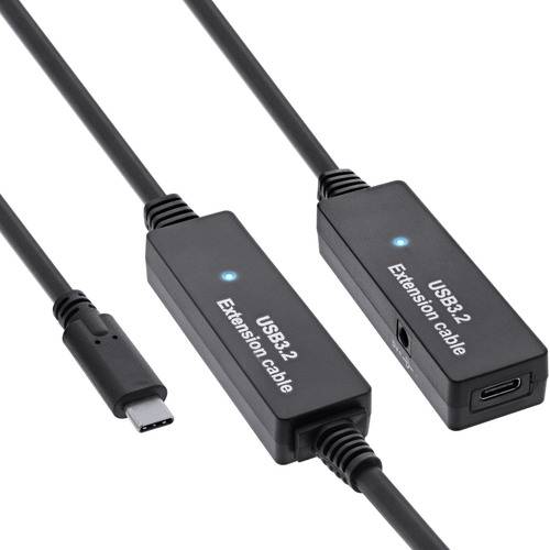 Zwei schwarze USB3.2-Verlängerungskabel mit einem Type-C-Stecker, nebeneinander angeordnet, wobei eines eine leuchtende blaue Kontrollleuchte anzeigt.