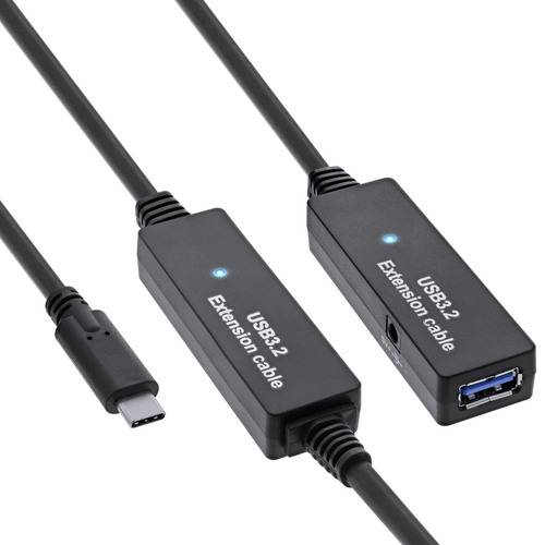 USB 3.2-Verlängerungskabel mit einem USB-C-Anschluss und zwei USB-A-Anschlüssen, das Kabelkompatibilität und Designmerkmale zeigt.