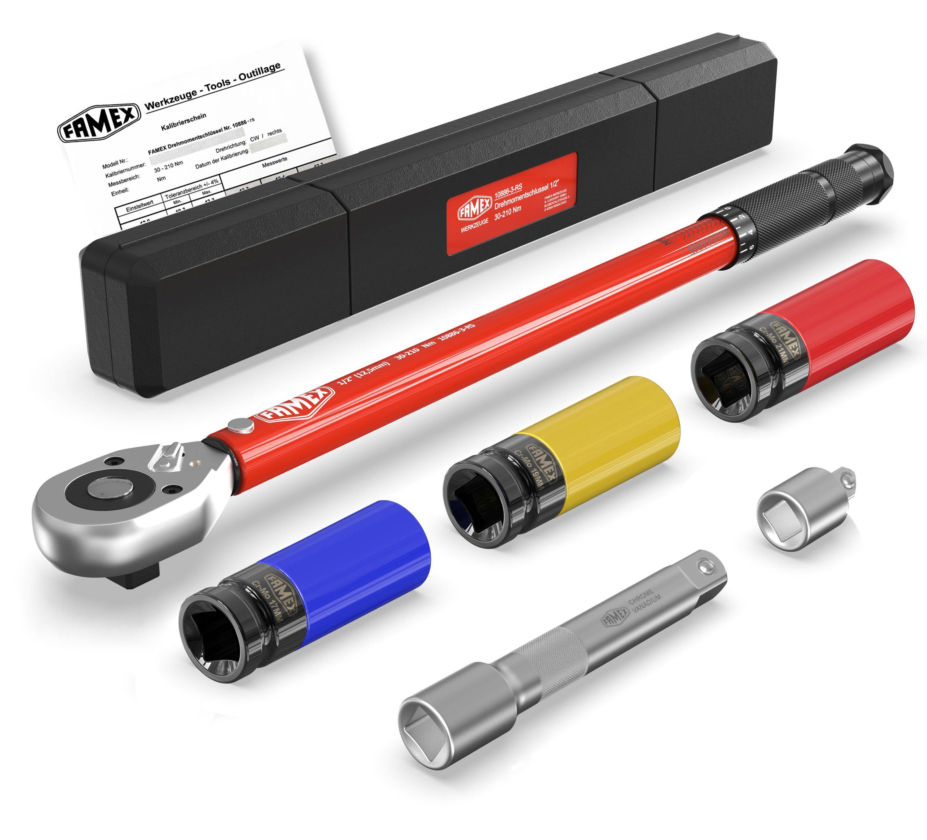 FAMEX 10886-3-RS Drehmomentschlüssel Set 1/2 Zoll, ±4%, 30-210 Nm - mit Spezial-Einsätze für Radschrauben