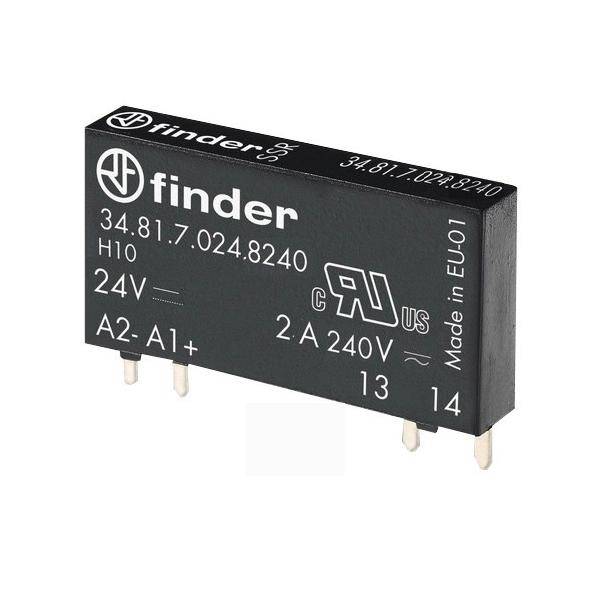 Finder-Relais, Modell 34.81.7.024.8240, 24V, 2A, 240V AC, mit Anschlüssen A2-A1 und 13-14, entwickelt für die elektronische Schaltungsintegration.