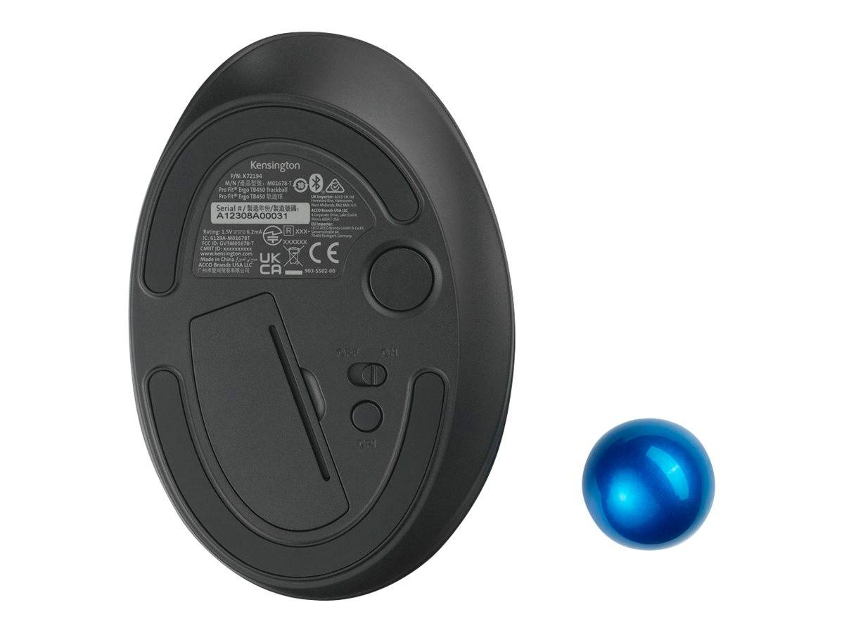 Kensington Pro Fit Ergo TB450 EQ - Trackball - ergonomisch - optisch - 7 Tasten - kabellos - 2.4 GHz, Bluetooth - kabell