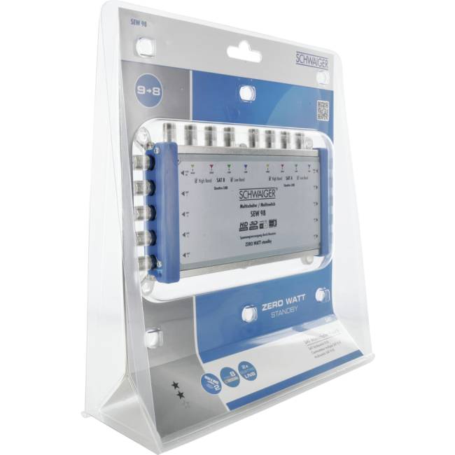 Schwaiger SAT Multischalter SEW98 531 Eingänge (Multischalter): 9 (8 SAT/1 terrestrisch) Teilnehmer-Anzahl: 8 StandBy-Fu