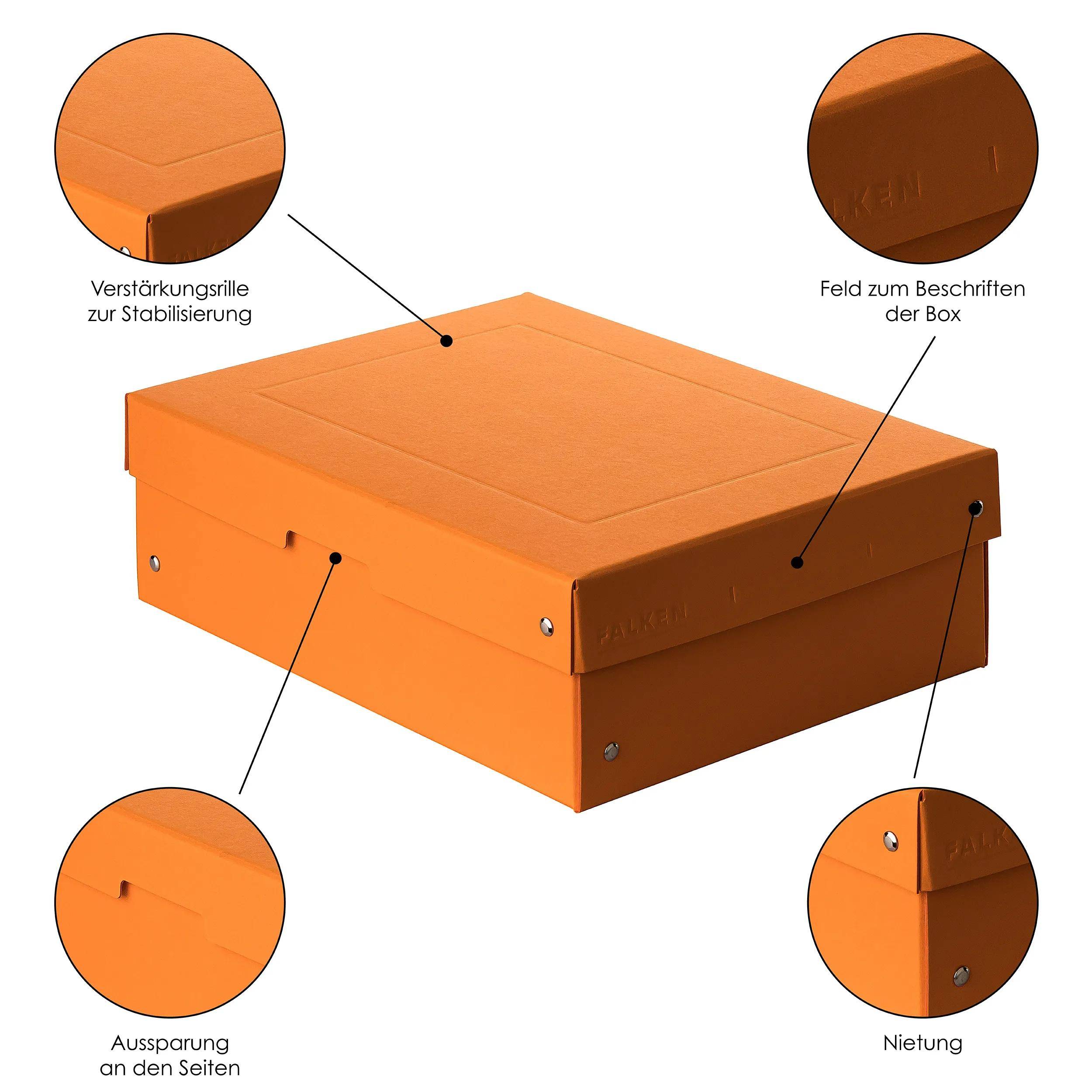Eine orangefarbene Lagerkiste mit Deckel, ausgestattet mit verstärkten Kanten für Stabilität, Kennzeichnungsfläche, seitlichen Ausschnitten und verniteten Ecken für Langlebigkeit.