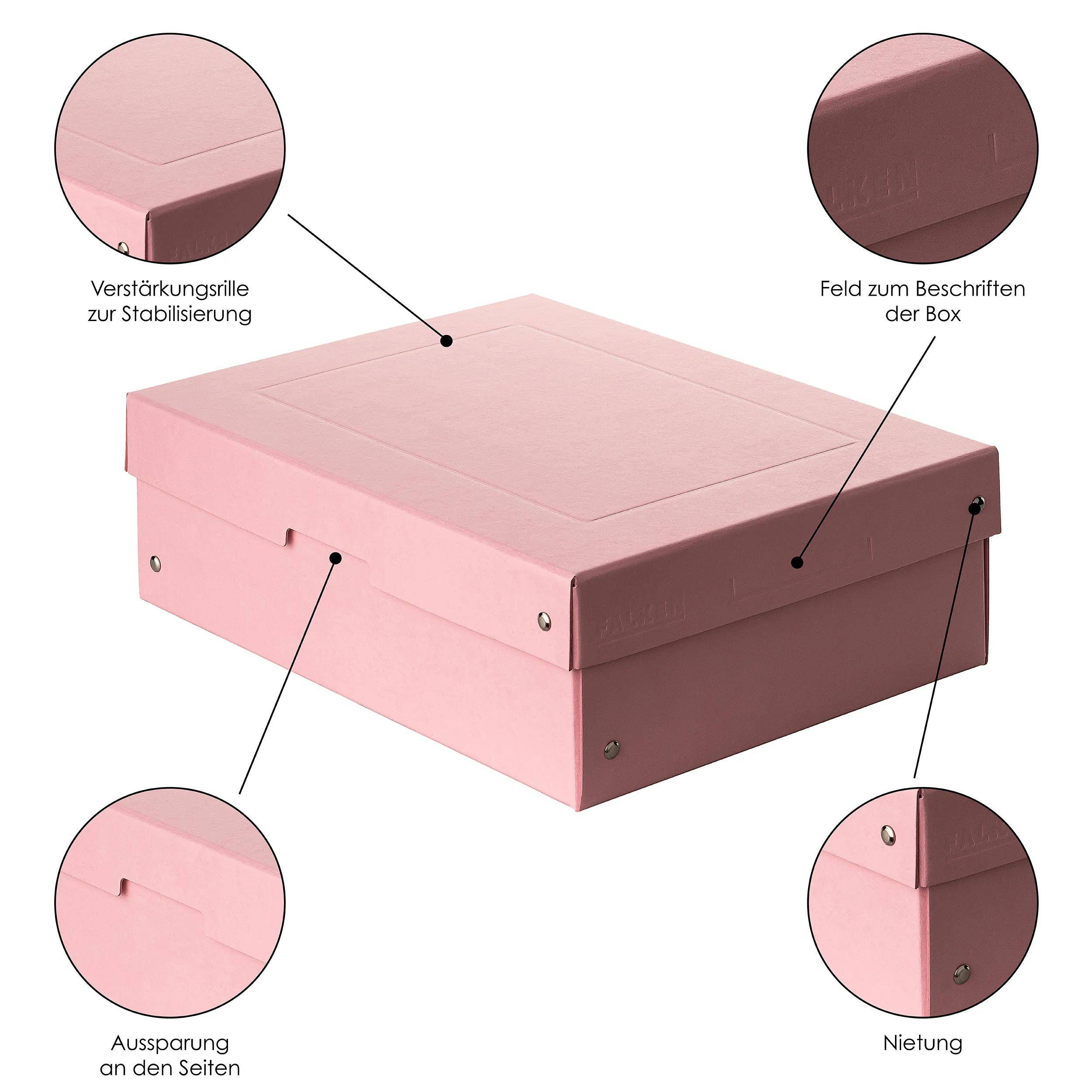 Rosa Aufbewahrungsbox mit Deckel. Eingeformte Verstärkungsrillen, Beschriftungsfeld, seitliche Ausschnitte und Nieten für Stabilität und Beschriftung.