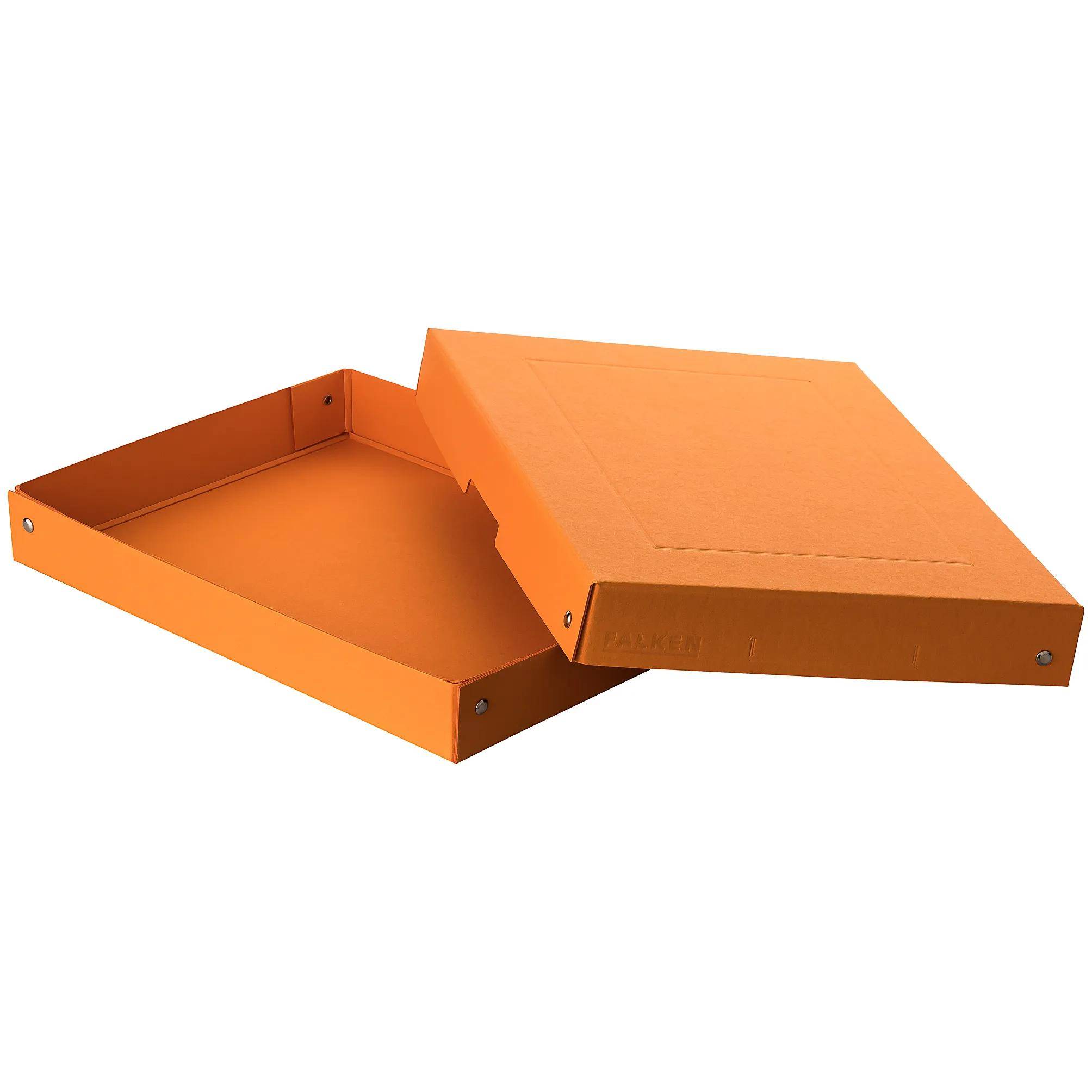 Eine offene, leere orangefarbene Schachtel mit leicht geöffnetem Deckel, die das Innere und Äußere zeigt, mit einem einfachen, eleganten Design.