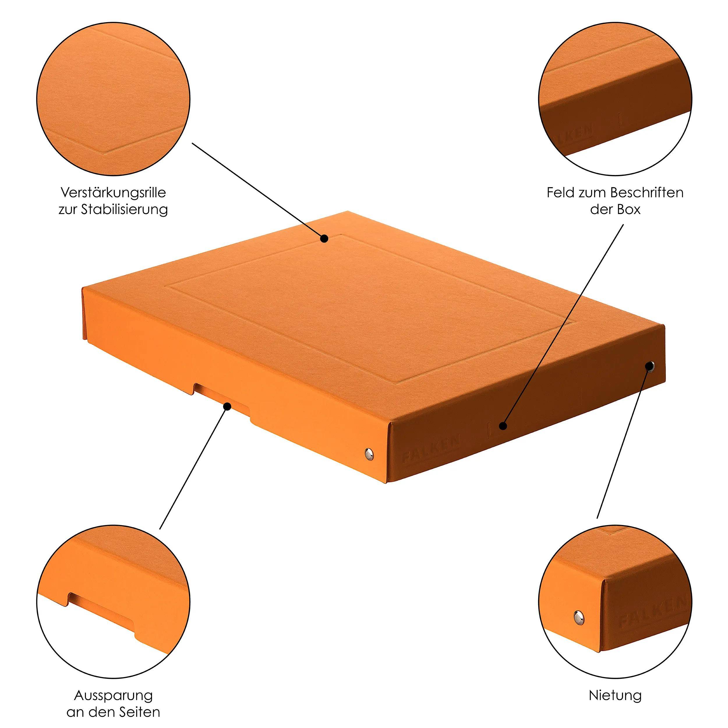 Orangefarbiger Lagerbehälter mit Abbildung der Designmerkmale: Verstärkungsrillen, Beschriftungsbereich, seitliche Aussparungen und Niete für Stabilität.