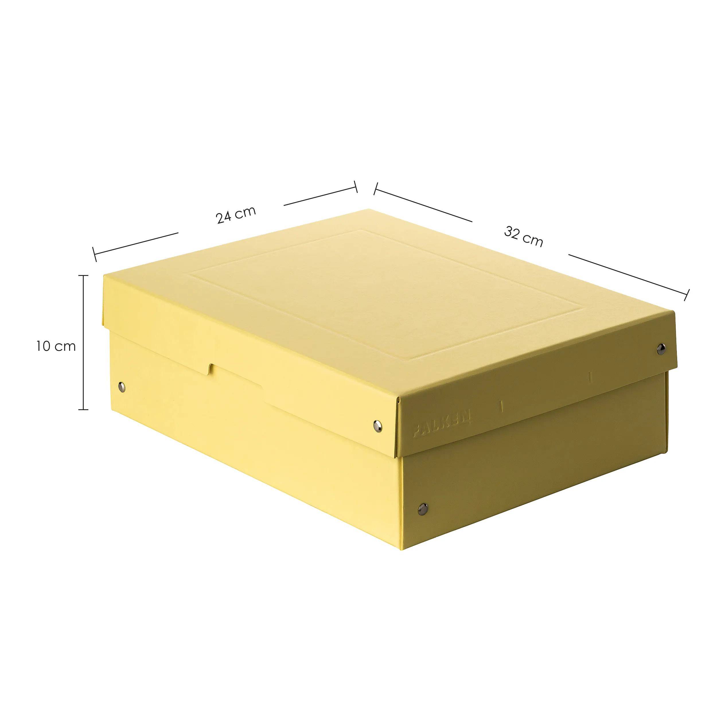 Eine gelbe rechteckige Lagerkiste mit den Maßen 32 cm mal 24 cm, Höhe 10 cm, auf weißem Hintergrund, mit kleinen Metallakzenten an den Ecken.