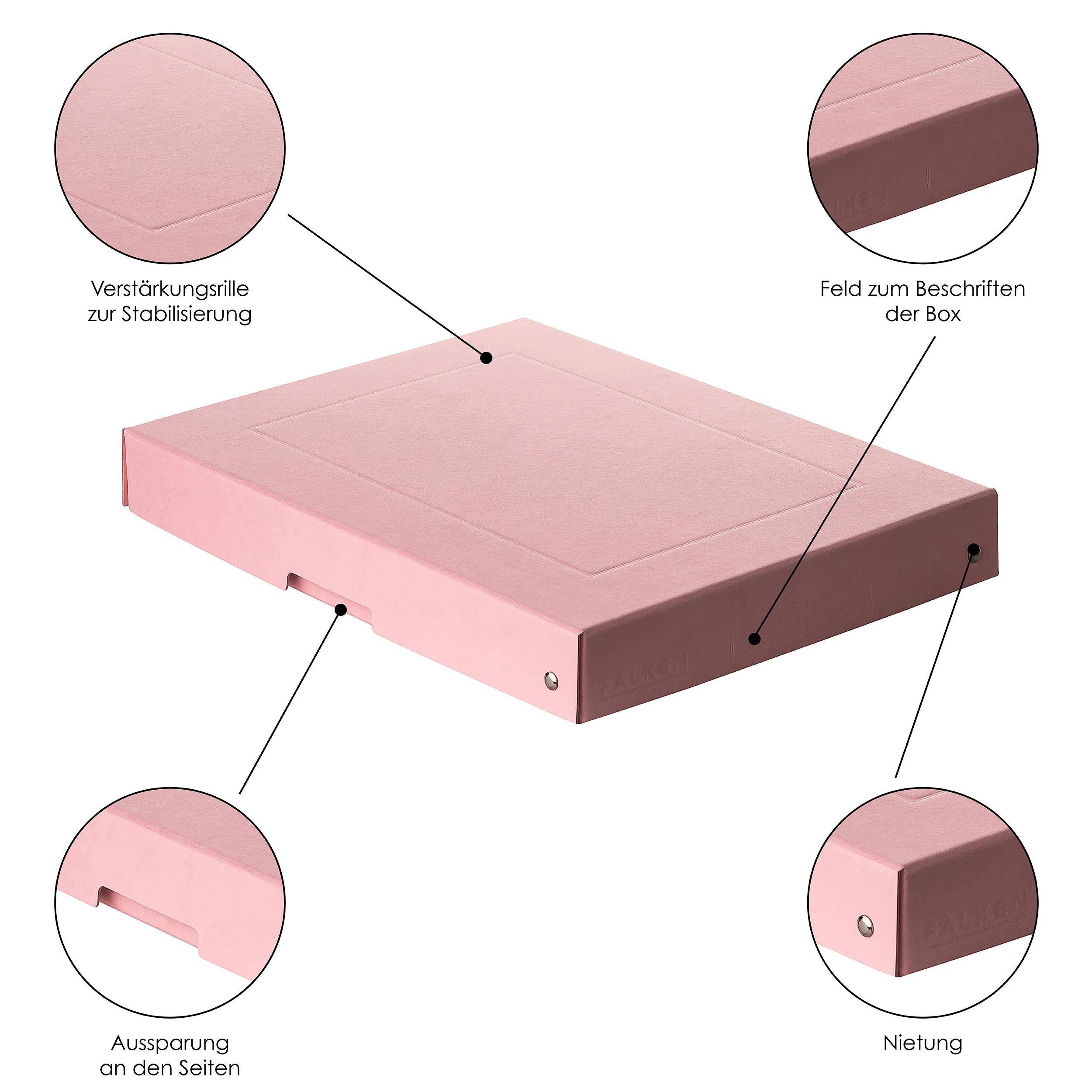 Eine rosa Binderbox mit gekennzeichneten Merkmalen: 'Verstärkungsrille zur Stabilisierung', 'Feld zum Beschriften der Box', 'Aussparung an den Seiten', 'Nietung'.