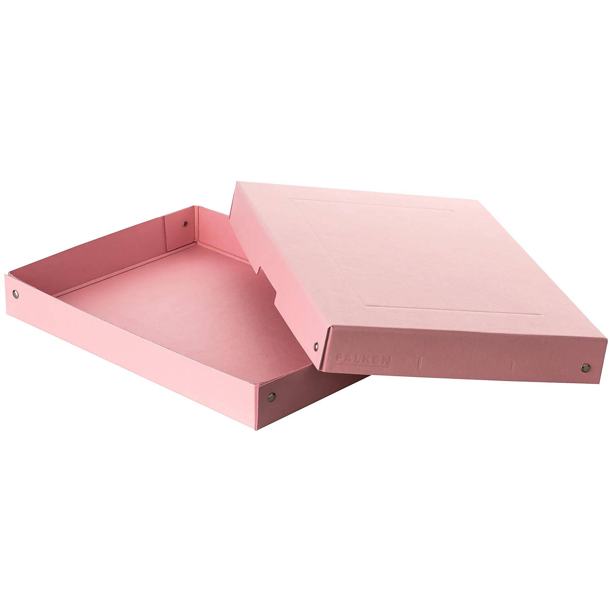 Offene rosa Pappaufbewahrungsbox mit abnehmbarem Deckel, konzipiert zum Organisieren von Papieren oder kleineren Gegenständen.