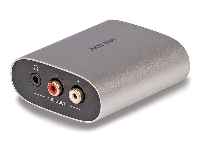 Silberner Audioadapter mit Kopfhörerbuchse und roten/weißen Audio-Ausgangsanschlüssen für Links/Rechts, beschriftet mit 