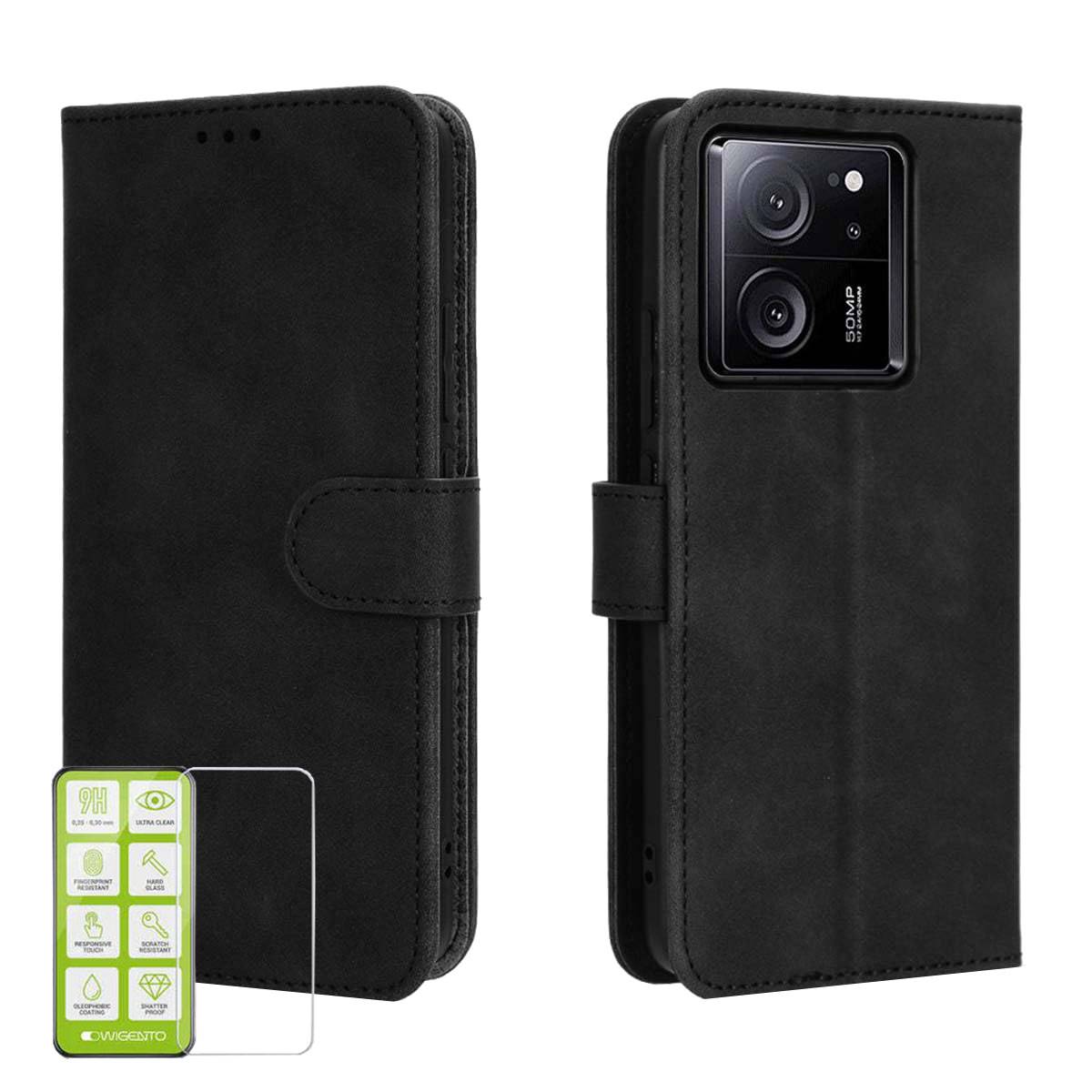 Für Xiaomi 13T / 13T Pro Produktset Handy Tasche Wallet + H9 Hart Glas Schutz Hülle Case Cover Etuis Zubehör Schwarz