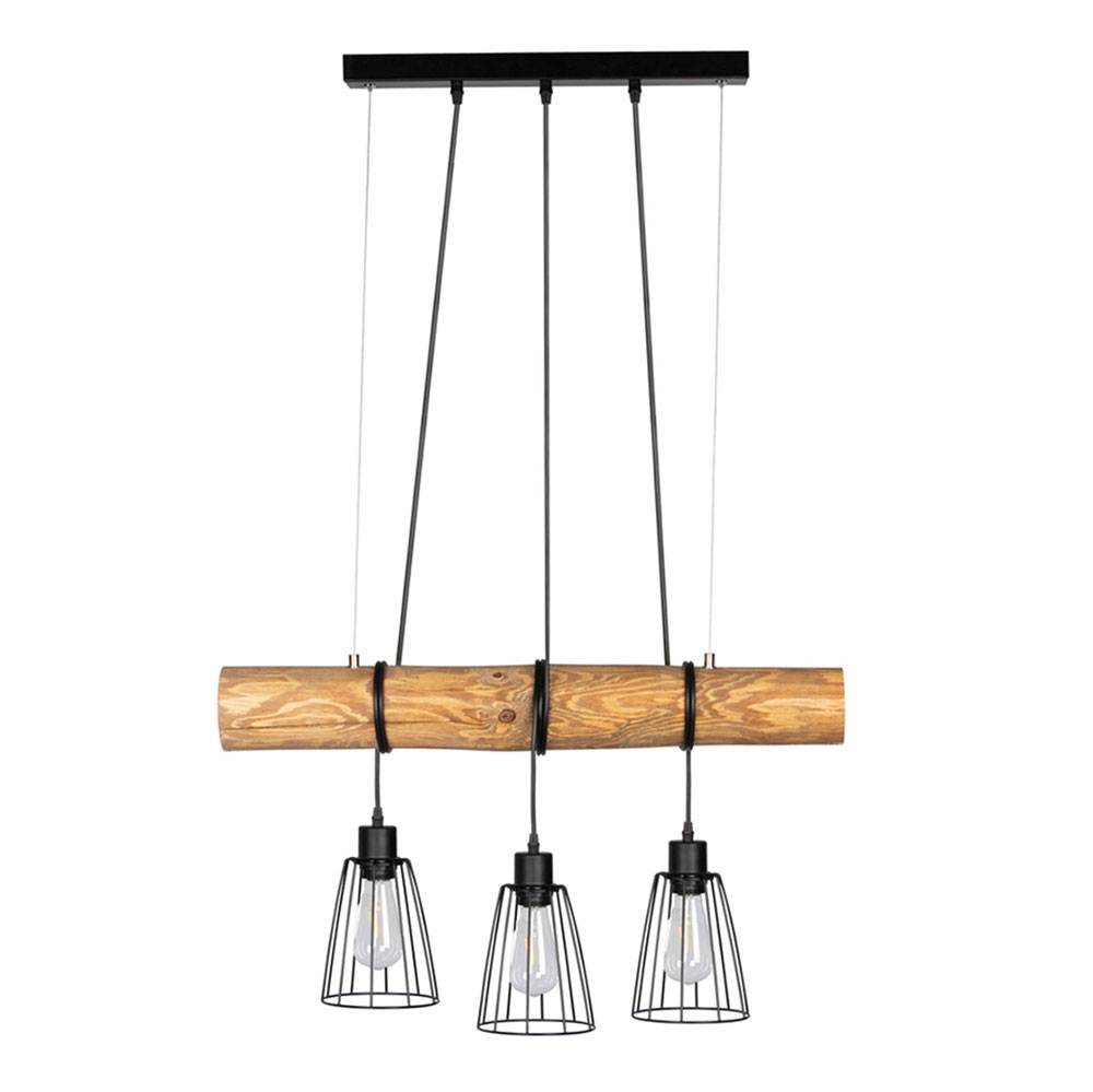 Pendelleuchte Holz Esszimmerleuchte 3-Flammig Hängelampe Gitterschirme, Kiefernholz gebeizt schwarz, 3x E27 Fassungen, LxBxH 70x5x150 cm