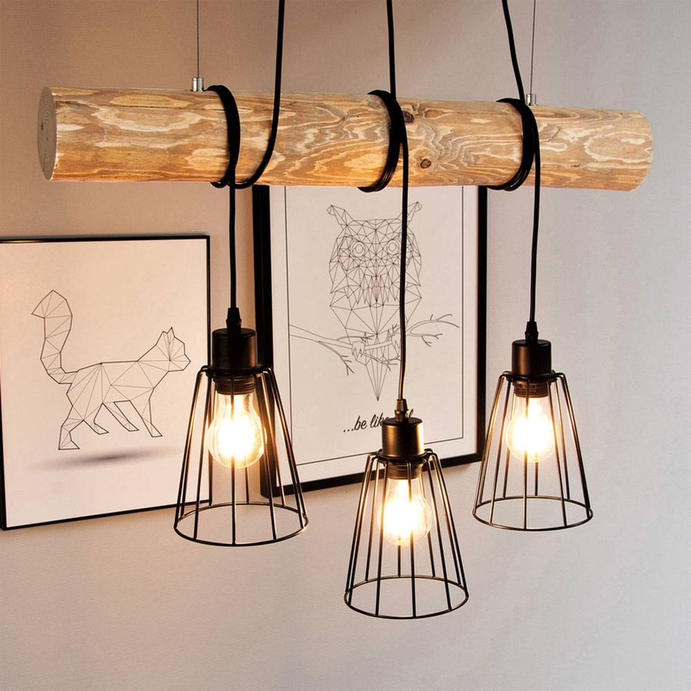 Pendelleuchte Holz Esszimmerleuchte 3-Flammig Hängelampe Gitterschirme, Kiefernholz gebeizt schwarz, 3x E27 Fassungen, LxBxH 70x5x150 cm