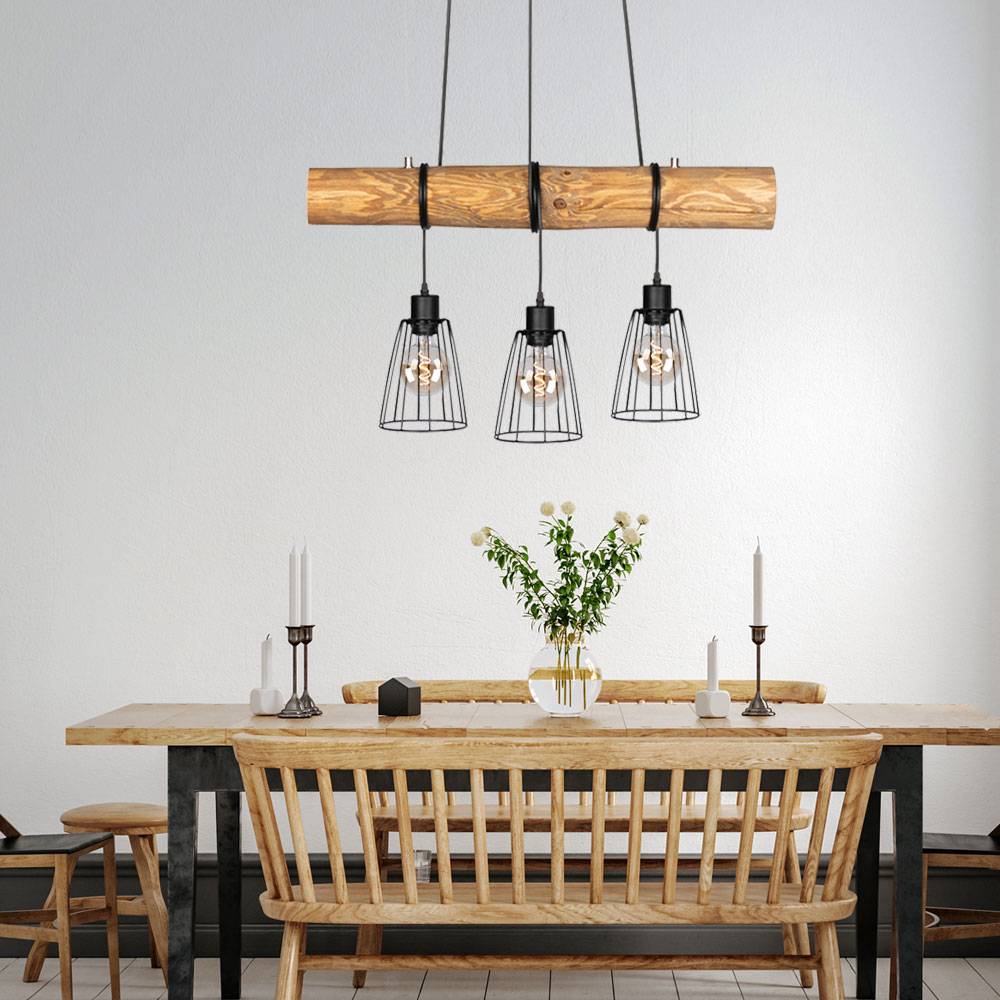 Pendelleuchte Holz Esszimmerleuchte 3-Flammig Hängelampe Gitterschirme, Kiefernholz gebeizt schwarz, 3x E27 Fassungen, LxBxH 70x5x150 cm