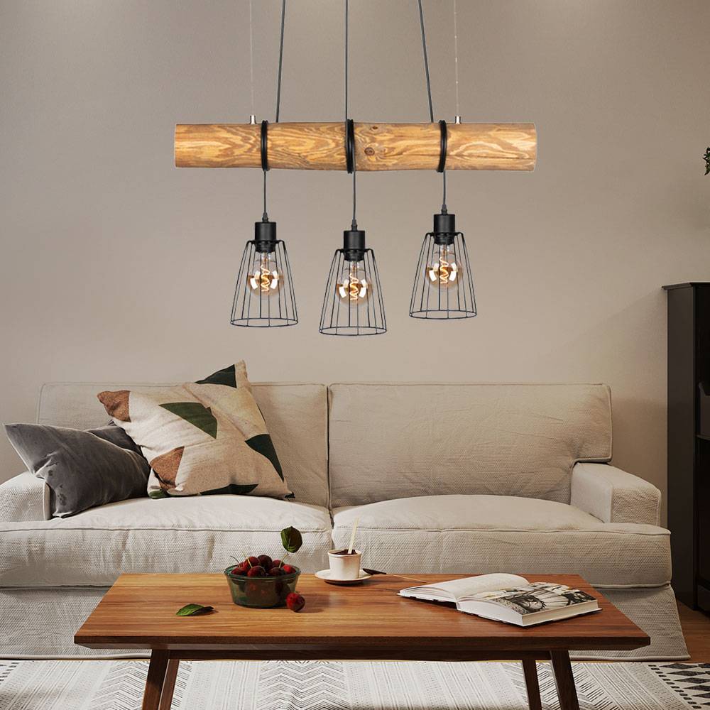 Pendelleuchte Holz Esszimmerleuchte 3-Flammig Hängelampe Gitterschirme, Kiefernholz gebeizt schwarz, 3x E27 Fassungen, LxBxH 70x5x150 cm