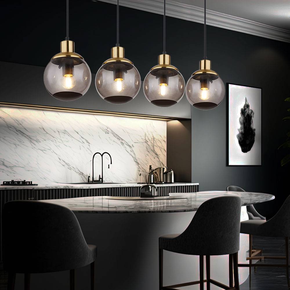 Hängelampe Glas modern Pendelleuchte Rauchglas Hängeleuchte schwarz, 4 flammig Metall Glaskugeln messing Retro, 4x E27 Fassungen, LxBxH 75x15x110cm