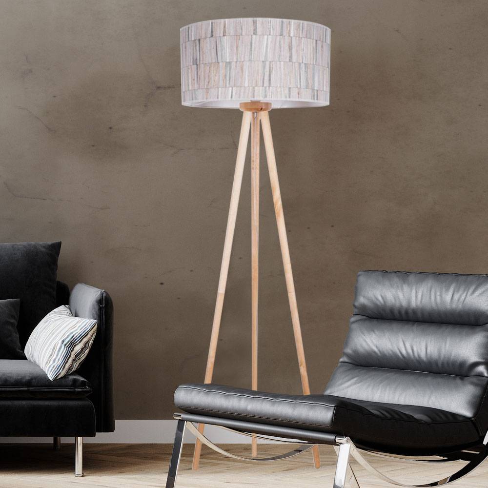 Stehlampe Stehleuchte Wohnzimmerlampe Beistelllampe Schlafzimmer, 3 Beine Birkenholz Tapete Landhaus, 1x E27 Fassung, DxH 50x154cm