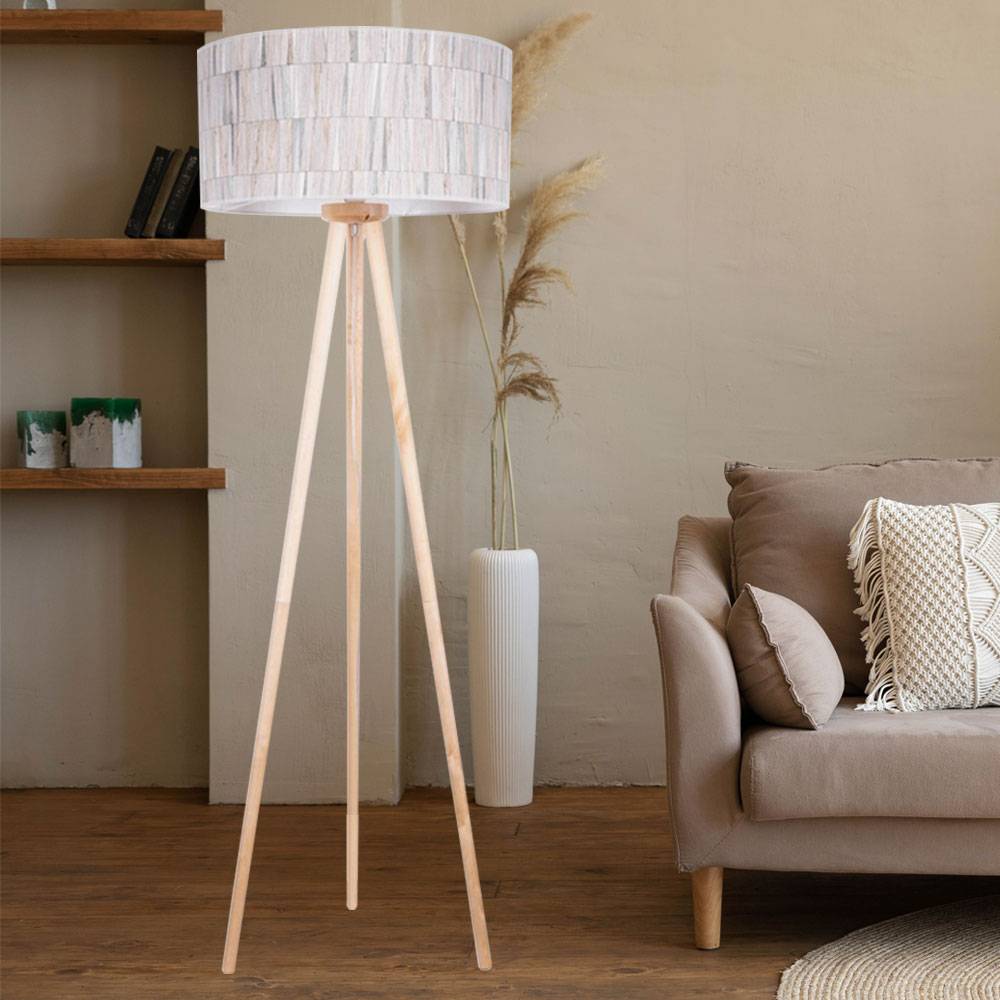 Stehlampe Stehleuchte Wohnzimmerlampe Beistelllampe Schlafzimmer, 3 Beine Birkenholz Tapete Landhaus, 1x E27 Fassung, DxH 50x154cm