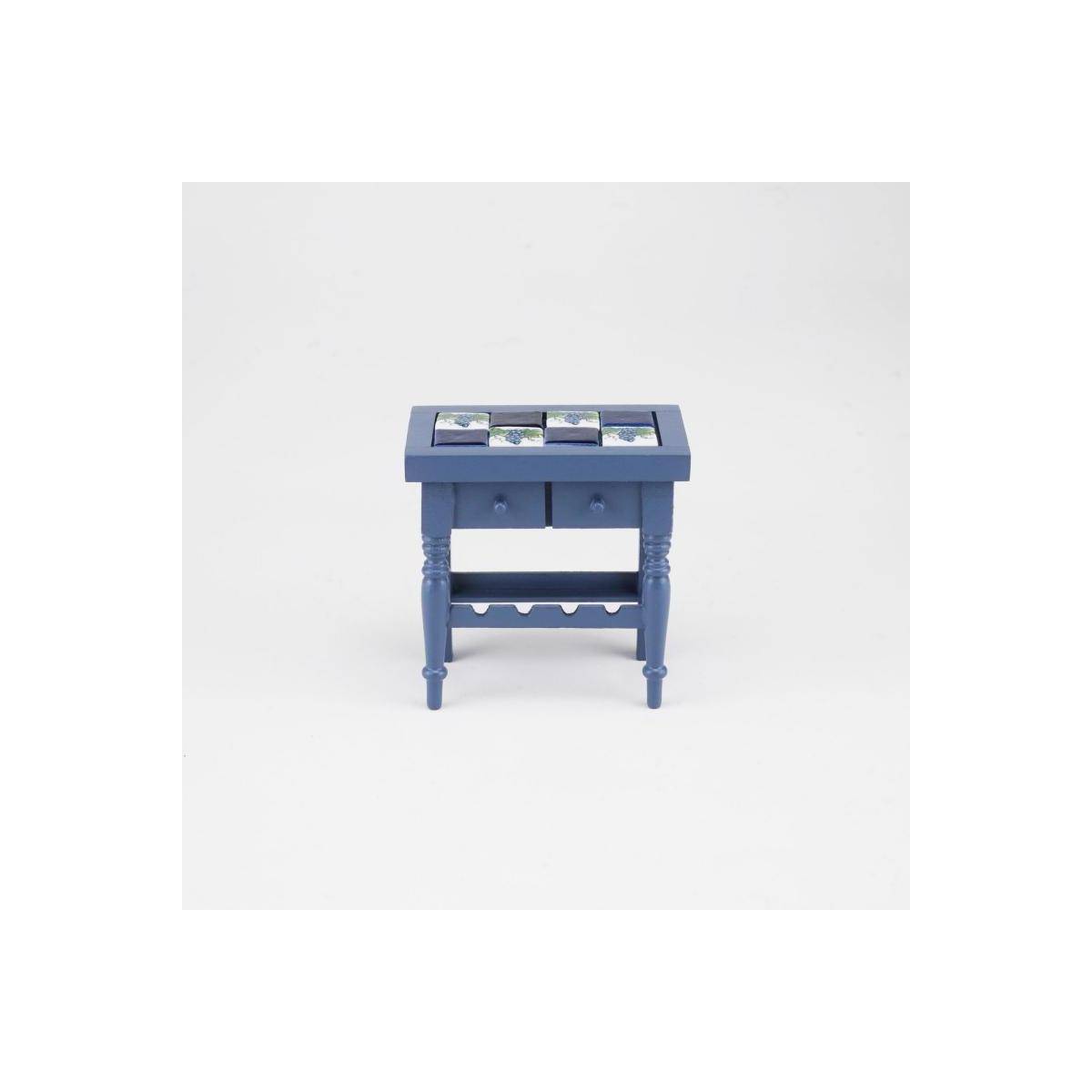001.564/9 - Miniatur, blauer Küchentisch mit Weinhalter, leer