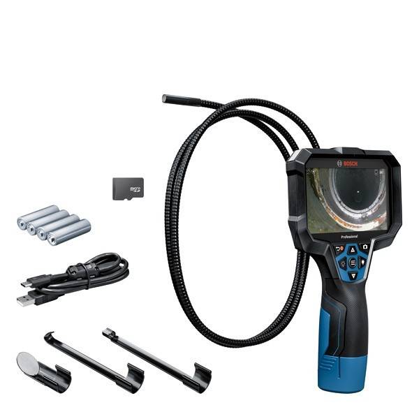Inspektionskamera-Set bestehend aus einem Videoendoskop mit LCD-Bildschirm, einer microSD-Karte, USB-Kabel, Batterien und Montage-Zubehör.