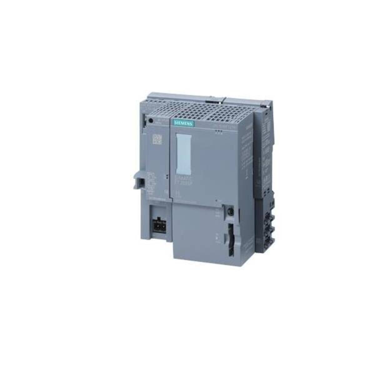 Graues Siemens Industrie-Steuermodul/SPS-Gerät auf weißem Hintergrund, Vorder- und Seitenansicht.
