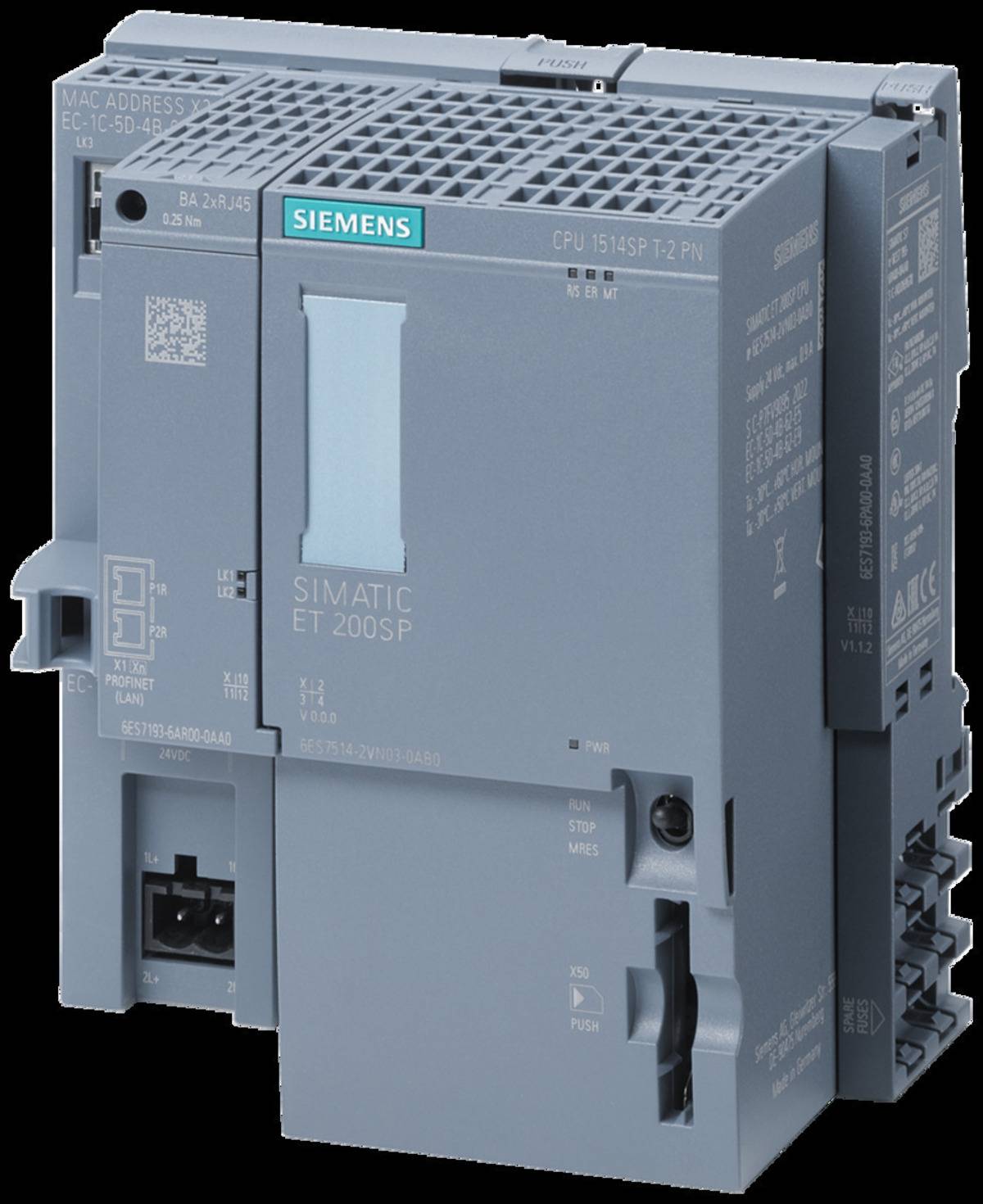 Siemens SIMATIC ET 200SP Industrie-SPS-Modul in grauem Gehäuse mit vorderen Anschlüssen und Statusanzeigen.