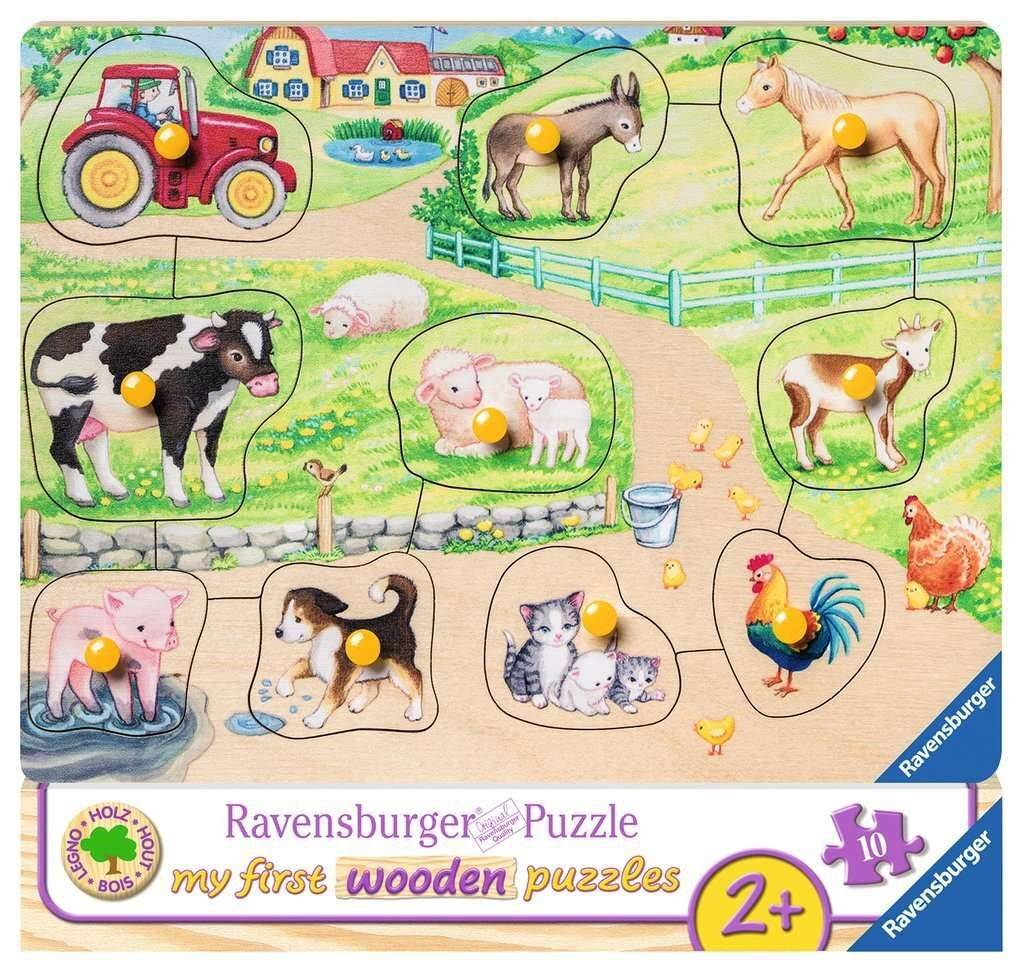 Holzpuzzle für Kinder mit Farmtieren, das einen Traktor, ein Pferd, eine Kuh, Ferkel, eine Ziege, Hühner, einen Hahn, Kätzchen und einen Welpen in einem Bauernhof zeigt.