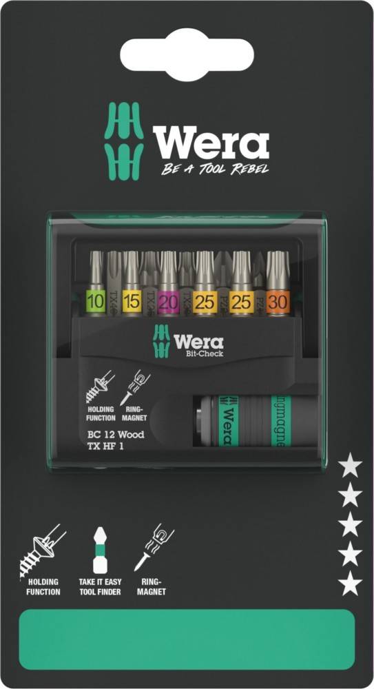 Wera Bit-Check-Set mit verschiedenen Schraubendreher-Bits, die Größen und Identifikationsmarkierungen zeigen. Verpackung betont 'Sei ein Werkzeug-Rebell'.