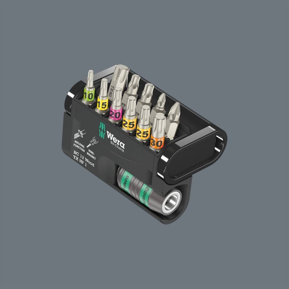 Wera Bit-Check 10 Tx 1' Set mit zehn farbcodierten Torx-Bits und einem mehrkomponentigen Bithalter auf grauem Hintergrund.
