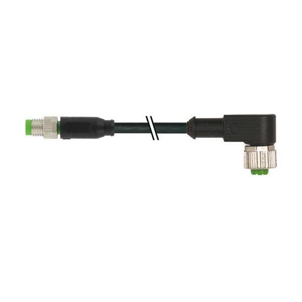 Adapter mit rechtem Winkel und schwarzem Kabel mit Gewinde-Metallverbindungen an beiden Enden, dargestellt auf weißem Hintergrund.