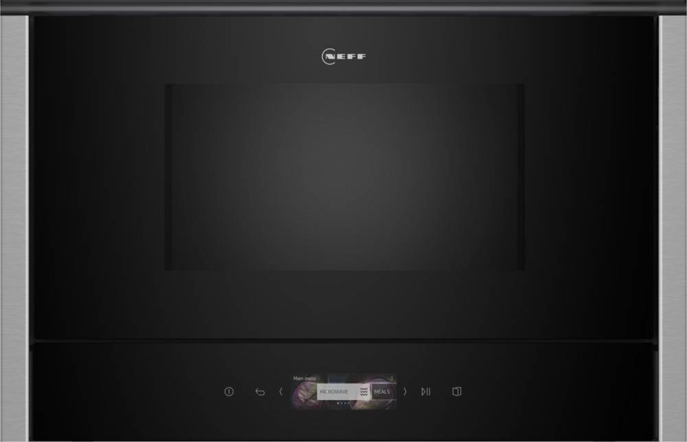 Frontansicht eines schwarzen Neff-Mikrowellenherds mit einem digitalen Bedienfeld, das den Modus 