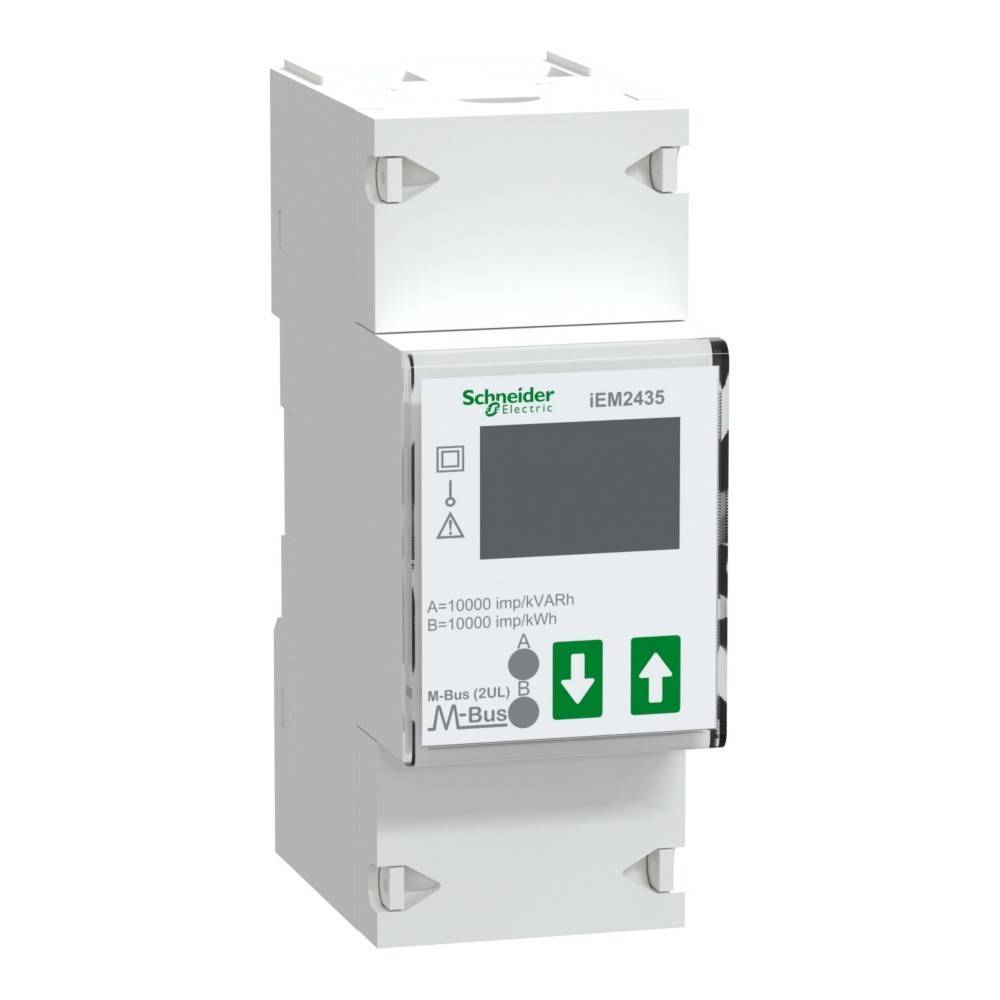 Ein digitaler Energiezähler von Schneider Electric, Modell iEM2435, mit Display und Navigationstasten zur Überwachung des Stromverbrauchs.