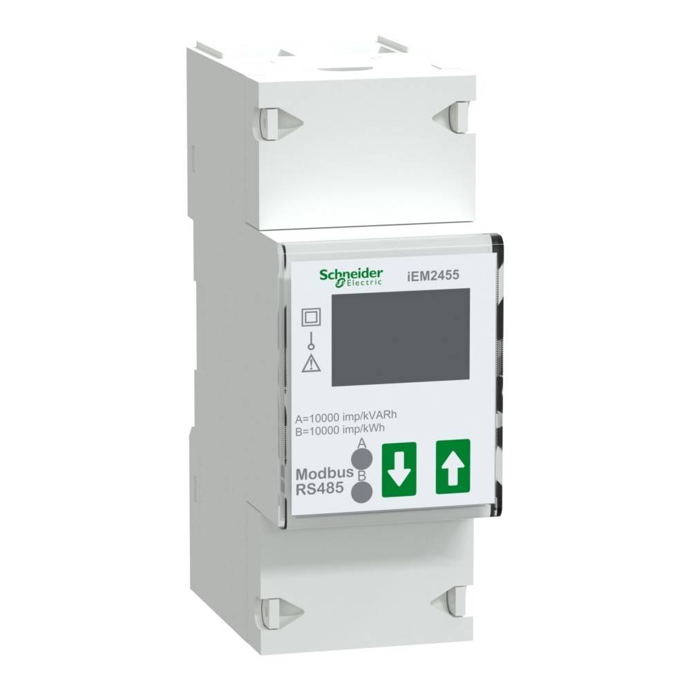 Ein Schneider Electric IEM2455 Energiezähler mit Anzeigebildschirm und beschrifteten Bedienungstasten. Entwickelt zur Messung elektrischer Energie.