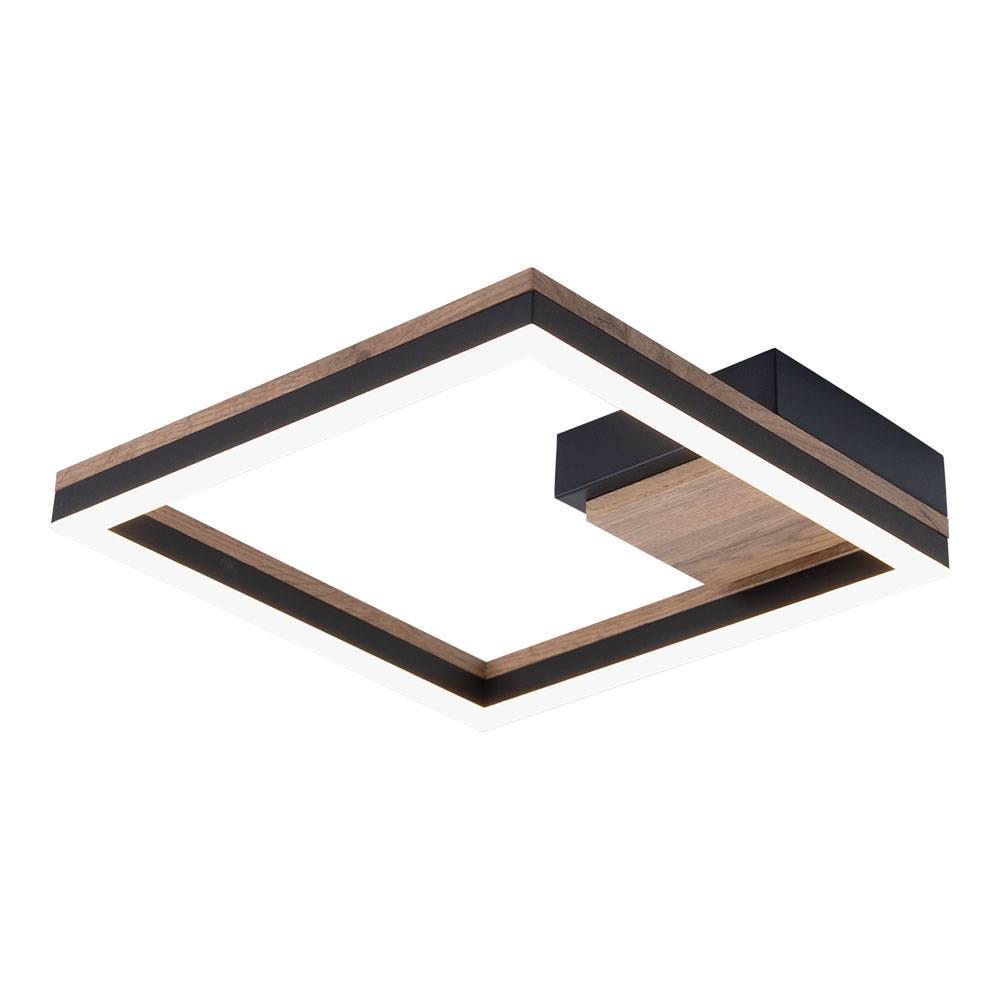 LED Deckenleuchte Holz Wohnzimmerleuchte Decke Designleuchte schwarz, Metall MDF, 12W 600Lm warmweiß, LxBxH 27x27x5,4 cm