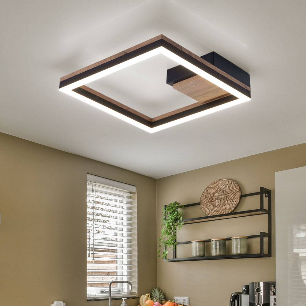 LED Deckenleuchte Holz Wohnzimmerleuchte Decke Designleuchte schwarz, Metall MDF, 12W 600Lm warmweiß, LxBxH 27x27x5,4 cm