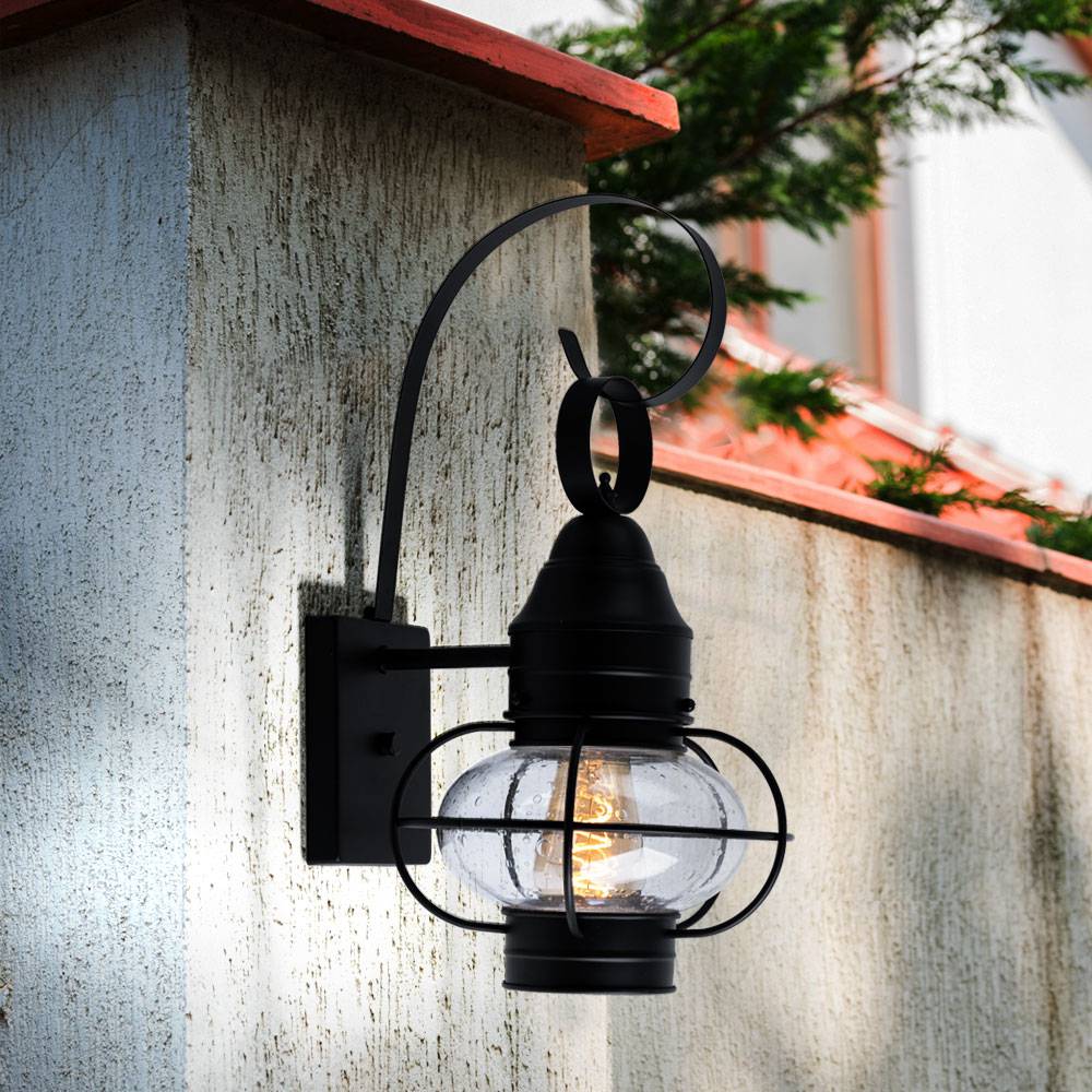 Wandlampe Hauswand Außenleuchte schwarz Laterne Terrassenleuchte Retro, Glasschirm wetterfest, Stahl Alu, 1x E27 Fassung, LxBxH 27,3x22,9x44,8 cm