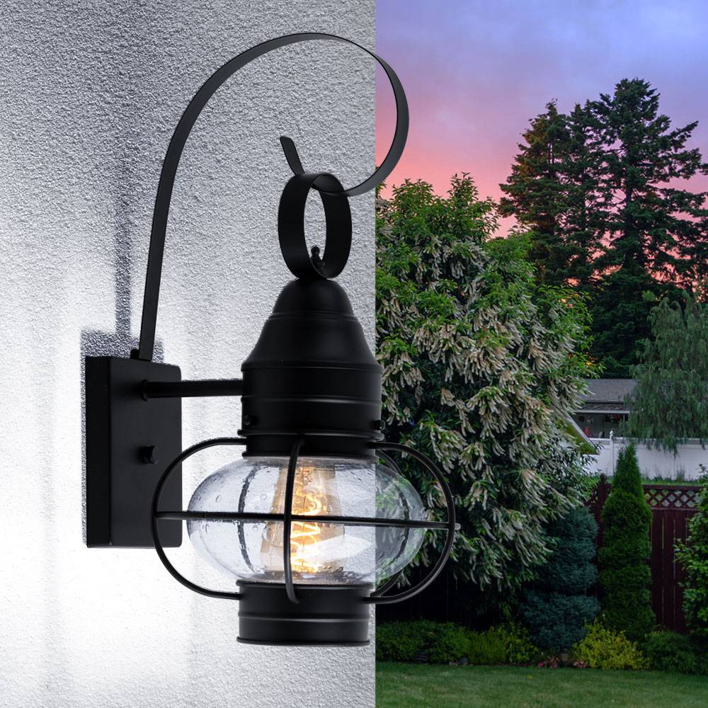 Wandlampe Hauswand Außenleuchte schwarz Laterne Terrassenleuchte Retro, Glasschirm wetterfest, Stahl Alu, 1x E27 Fassung, LxBxH 27,3x22,9x44,8 cm