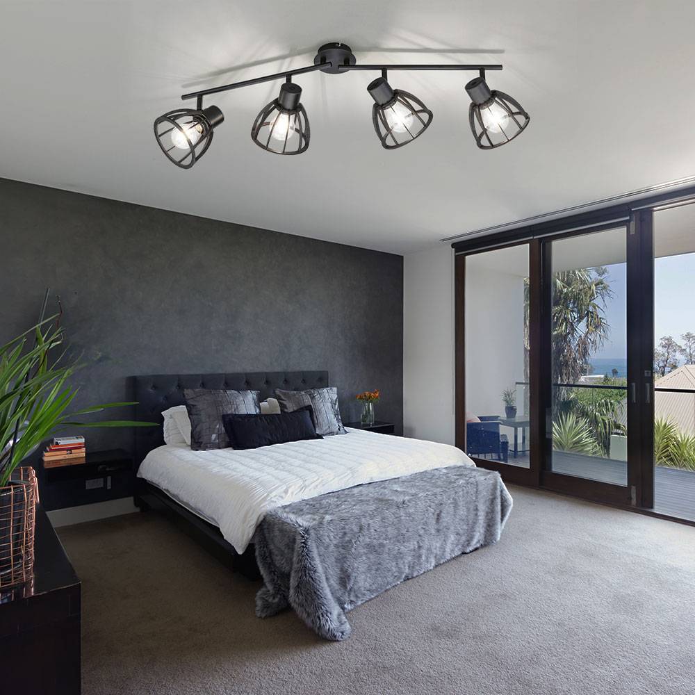 Deckenlampe Deckenstrahler schwarz Schlafzimmerlampe 4-flammig Spotleiste modern, Spots verstellbar Indsutrial, Metall Holz, E27, LxBxH 79x14x24,5