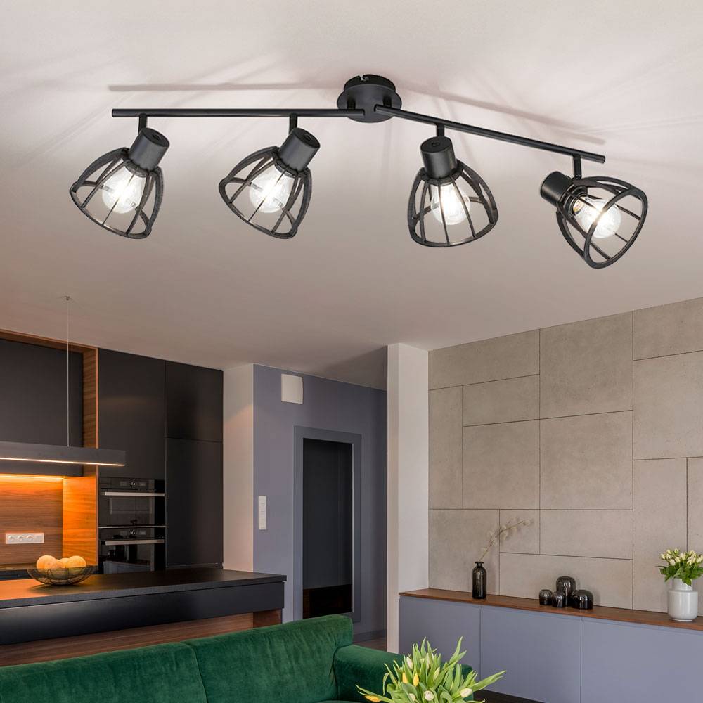 Deckenlampe Deckenstrahler schwarz Schlafzimmerlampe 4-flammig Spotleiste modern, Spots verstellbar Indsutrial, Metall Holz, E27, LxBxH 79x14x24,5