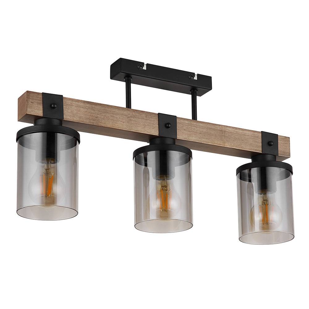 Deckenlampe Deckenleuchte Holzlampe Esszimmerleuchte Wohnzimmer, 3 flammig, Landhaus Holzoptik braun Rauchglas schwarz, 3x E27 Fassungen, LxBxH