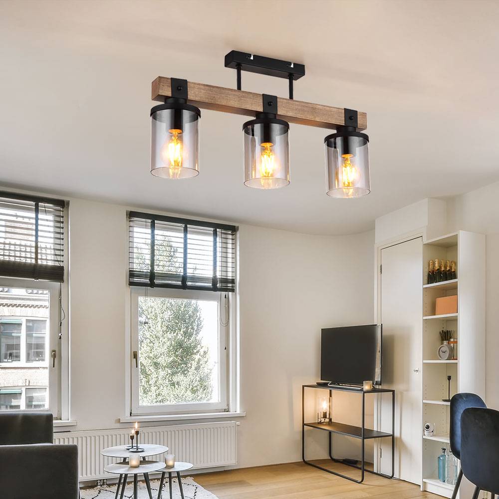 Deckenlampe Deckenleuchte Holzlampe Esszimmerleuchte Wohnzimmer, 3 flammig, Landhaus Holzoptik braun Rauchglas schwarz, 3x E27 Fassungen, LxBxH