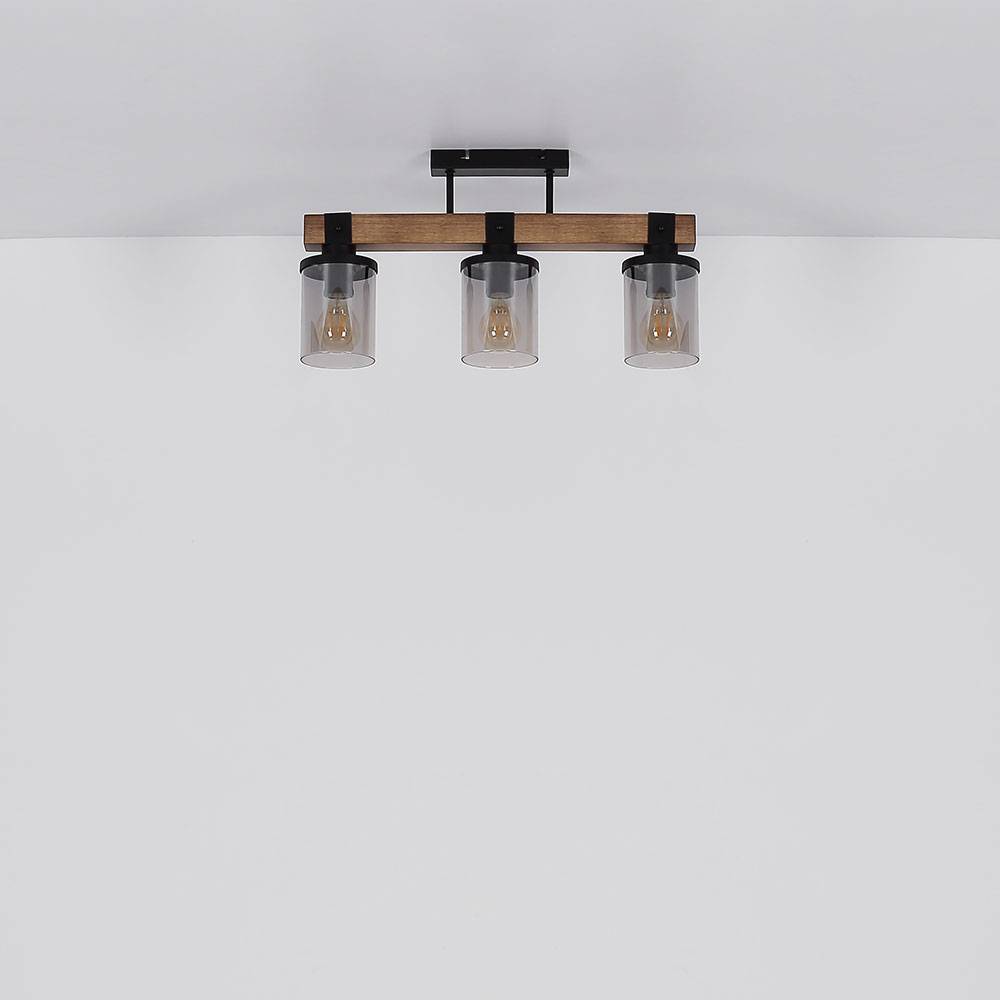 Deckenlampe Deckenleuchte Holzlampe Esszimmerleuchte Wohnzimmer, 3 flammig, Landhaus Holzoptik braun Rauchglas schwarz, 3x E27 Fassungen, LxBxH