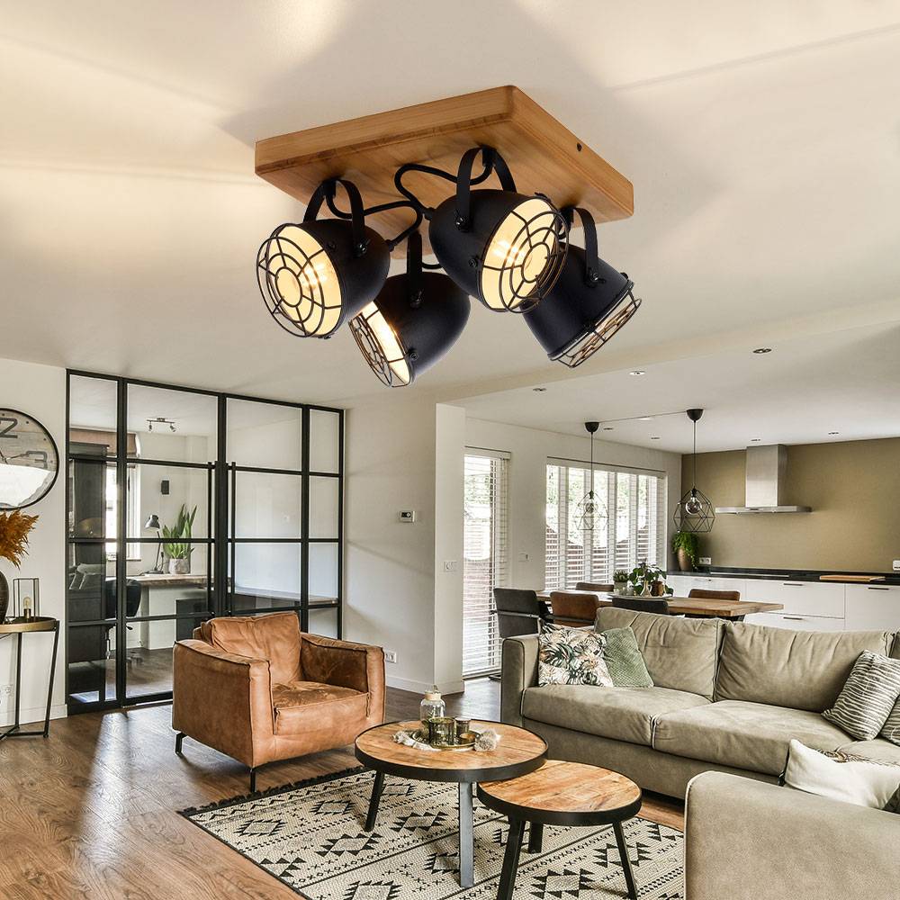 Deckenlampe schwarz Deckenspots 4-flammig Wohnzimmerlampe Landhaus Holzlampe, schwenkbare Strahler, Metall matt, 4x E14 Fassung, LxBxH 31x31x20 cm