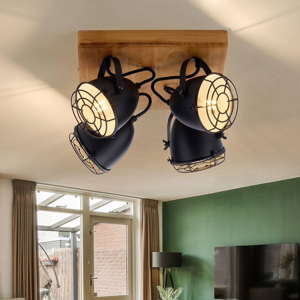 Deckenlampe schwarz Deckenspots 4-flammig Wohnzimmerlampe Landhaus Holzlampe, schwenkbare Strahler, Metall matt, 4x E14 Fassung, LxBxH 31x31x20 cm