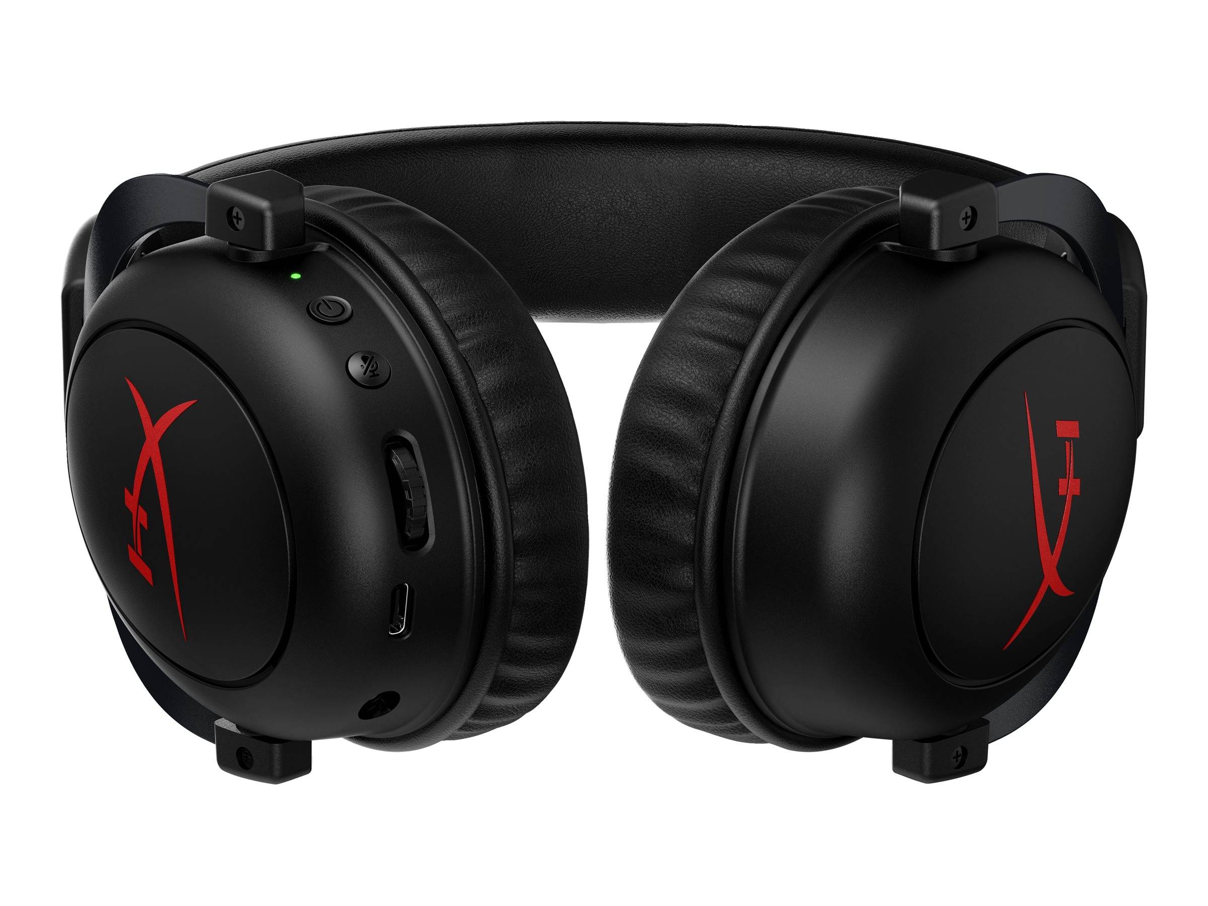 Schwarzes Gaming-Kopfhörer-Modell mit Ohrmuscheln zum Überziehen, roten HyperX-Logos, gepolstertem Kopfband und sichtbaren Tasten für Stromversorgung, Lautstärke und Laden.