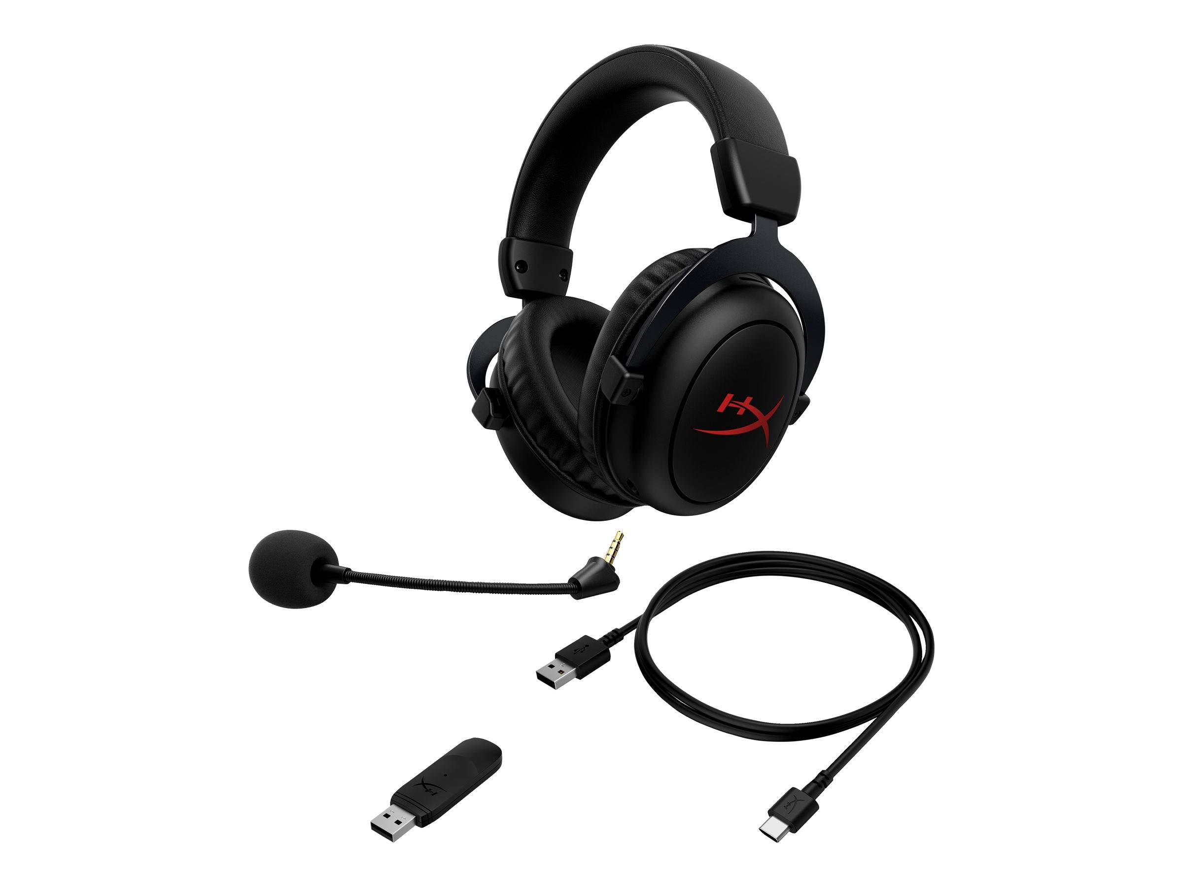 Schwarzes Over-Ear-Gaming-Headset mit abnehmbarem Boom-Mikrofon, USB-C-Kabel und USB-Wireless-Dongle auf weißem Hintergrund.