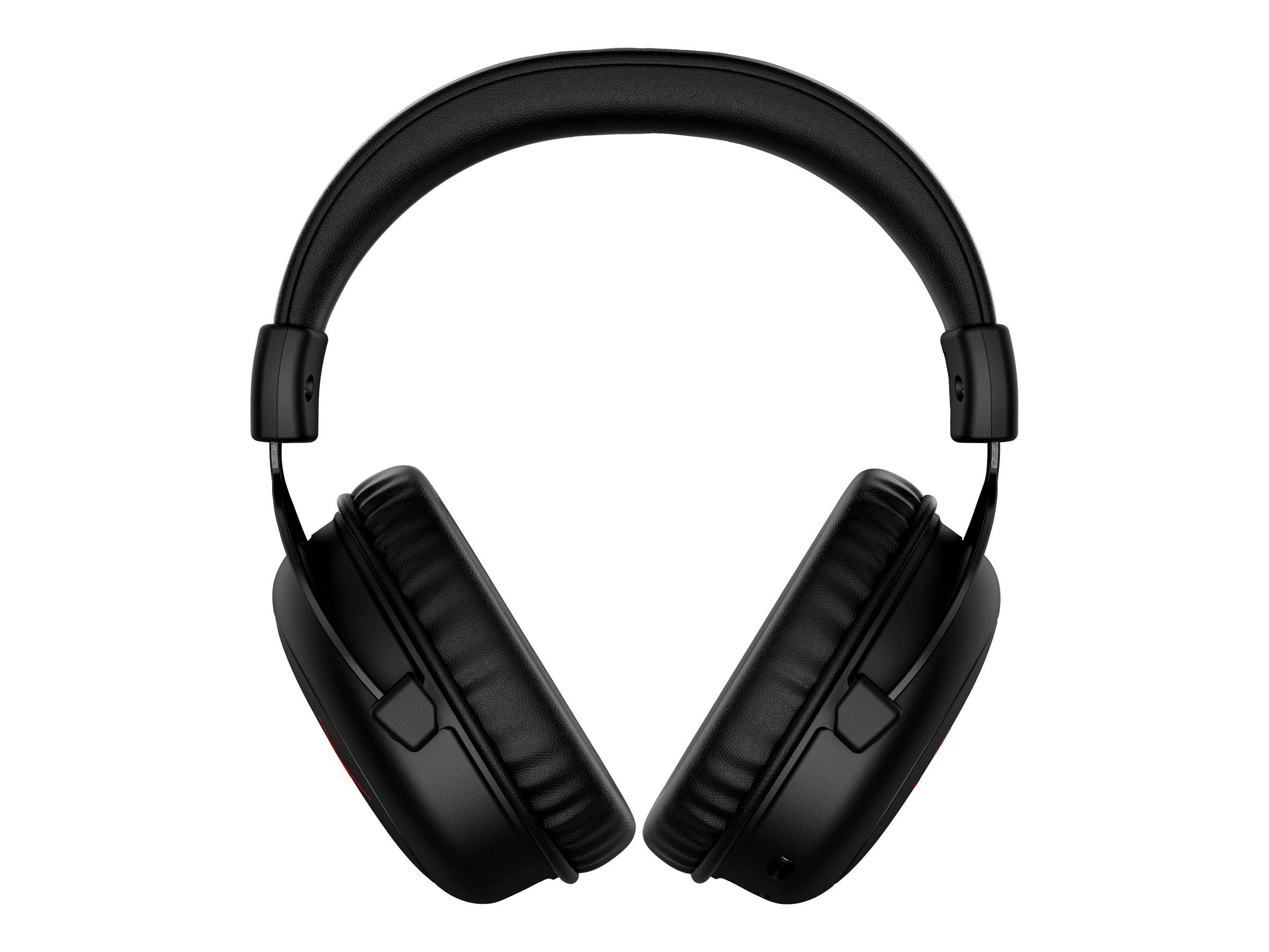Schwarze Over-Ear-Kopfhörer mit Bluetooth auf weißem Hintergrund, von vorne gezeigt und leicht geöffnet.