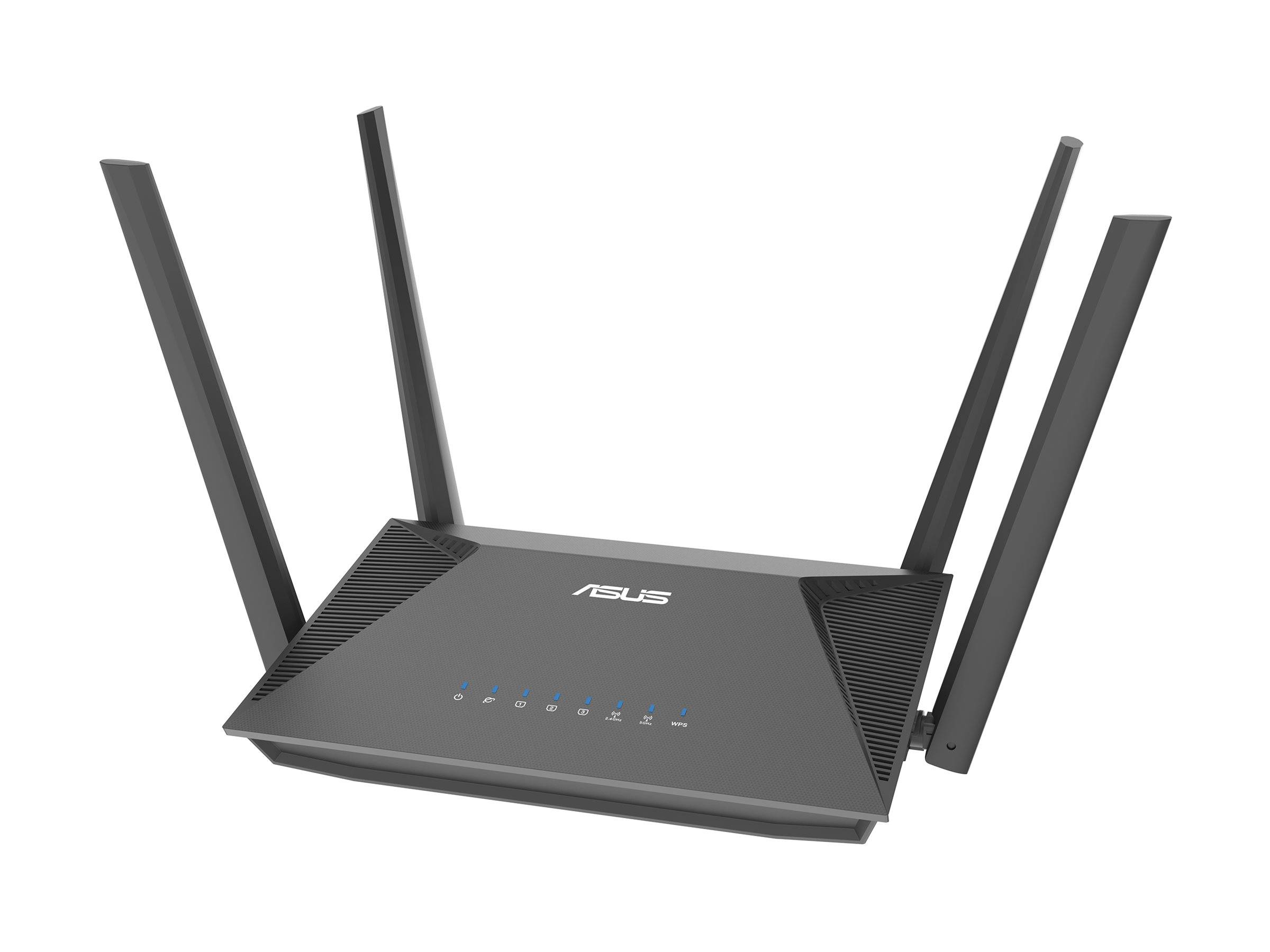 ASUS-Wireless-Router mit vier externen Antennen und Statusleuchten an der Vorderseite auf weißem Hintergrund.
