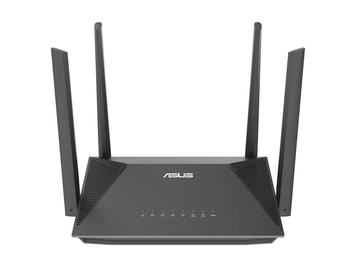 Schwarzer ASUS-WLAN-Router mit vier aufrechten Antennen und vorderen Statusleuchten, auf weißem Hintergrund gezeigt.
