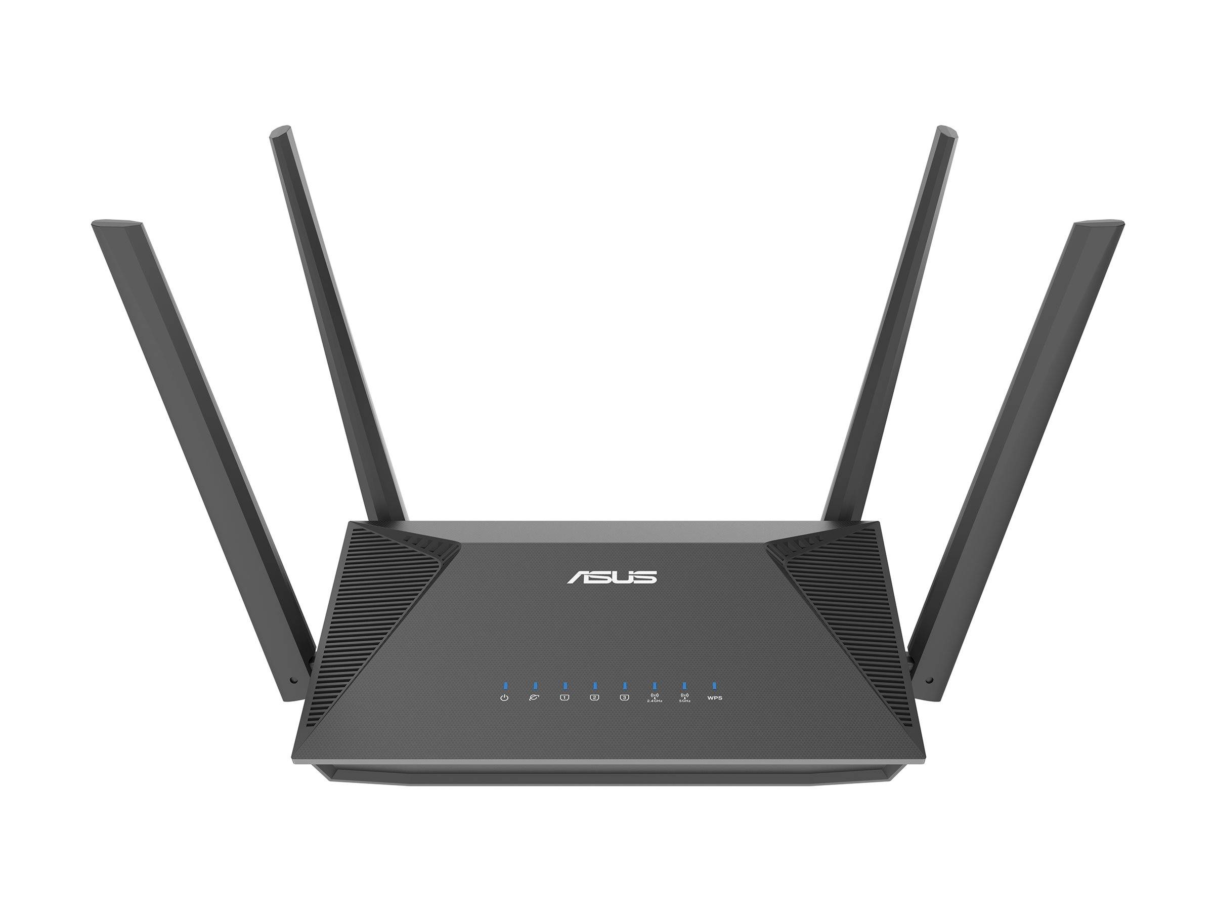Schwarzer ASUS Wi-Fi-Router mit vier aufrechten Antennen und vorderen Statusleuchten auf weißem Hintergrund.